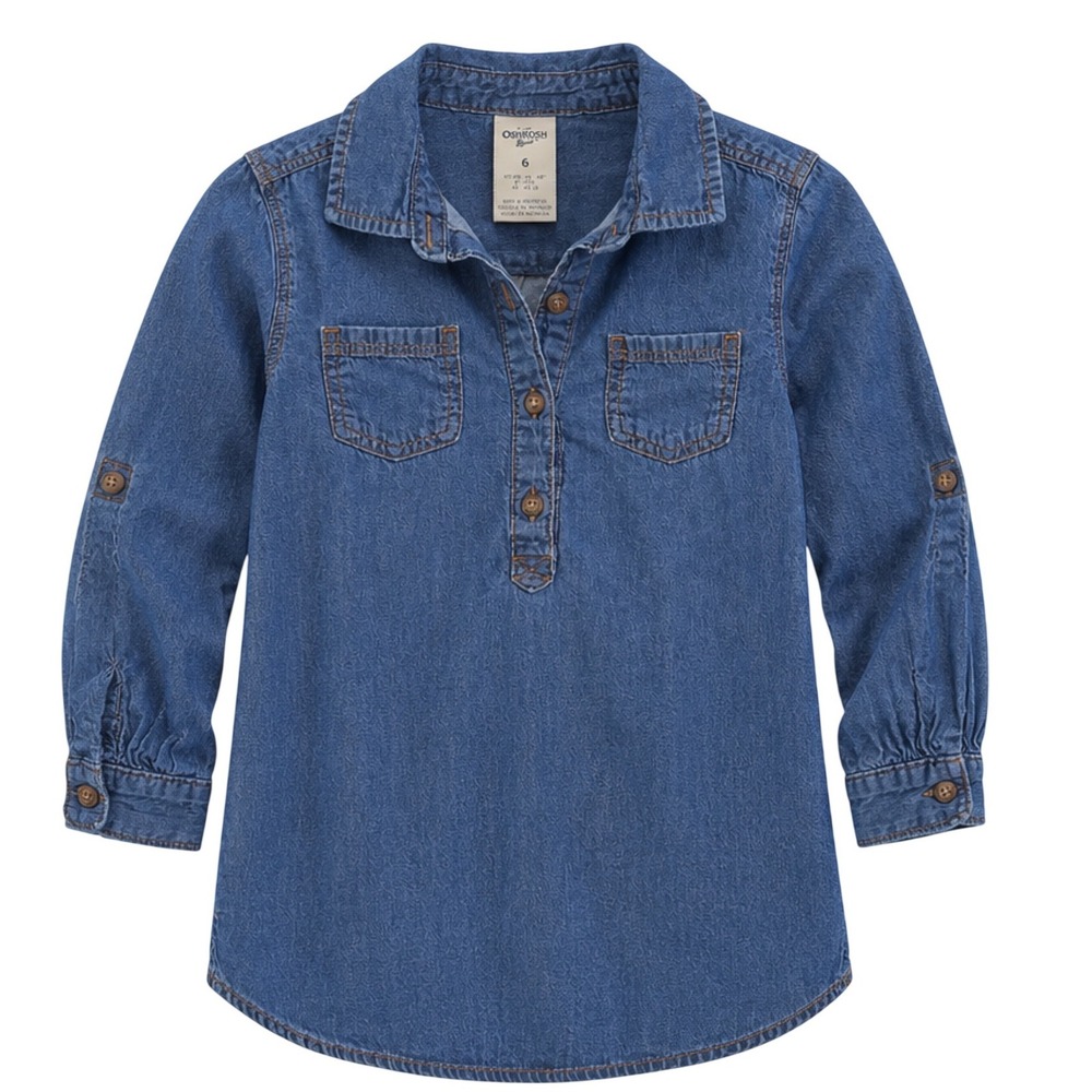 OshKosh B'gosh Girls Blue Denim Shirt Dress Long Sleeve Roll Tab Size 6